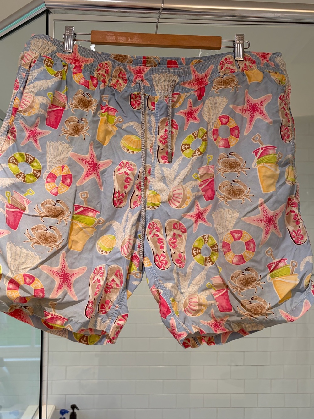 Vilebrequin Light Blue Swim Trunks with Pink & Yellow Beach Motif
